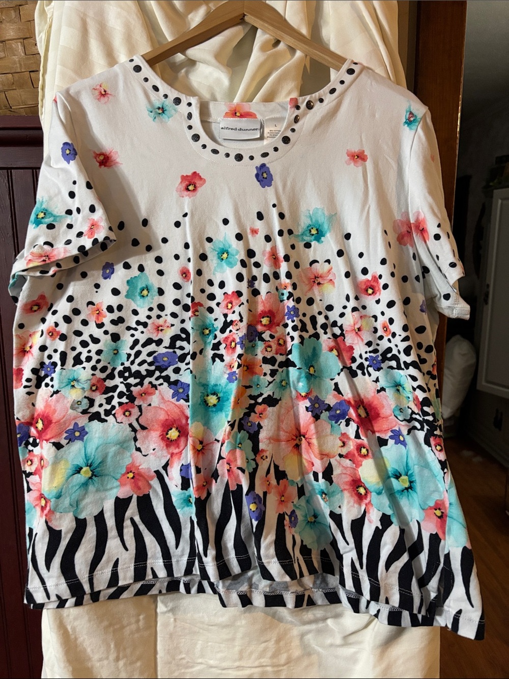 Alfred Dunner White Short Sleeve Floral & Animal Print Top